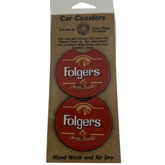 Car Coasters Folgers Coffee Set of 2 Neoprene Absorbent by Sassy Hippo Creations - Picture 1 of 9